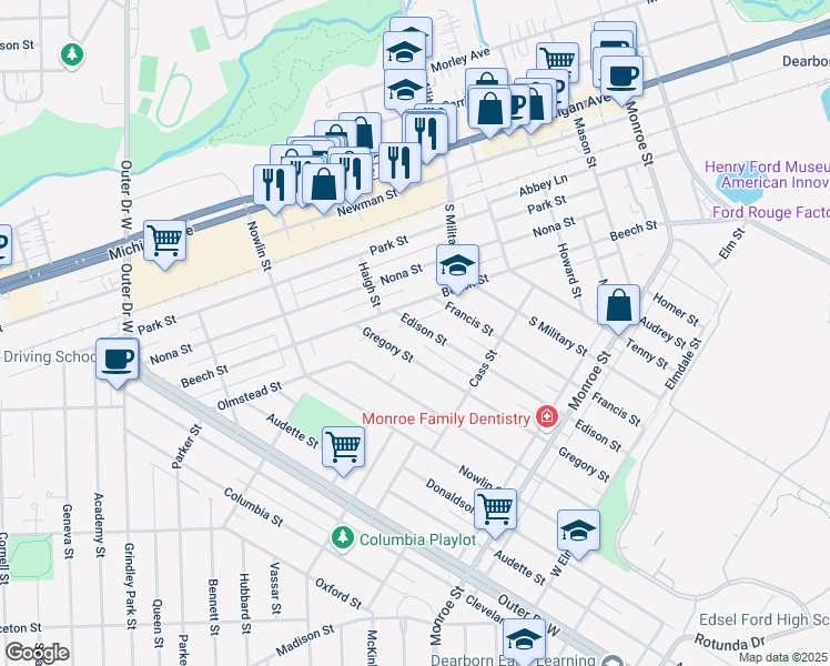 map of restaurants, bars, coffee shops, grocery stores, and more near 22511 Edison Street in Dearborn