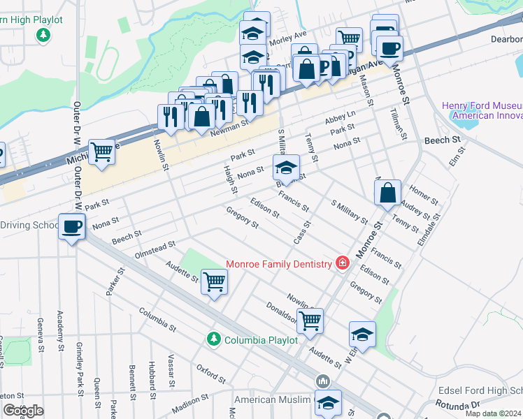 map of restaurants, bars, coffee shops, grocery stores, and more near 22501 Edison Street in Dearborn
