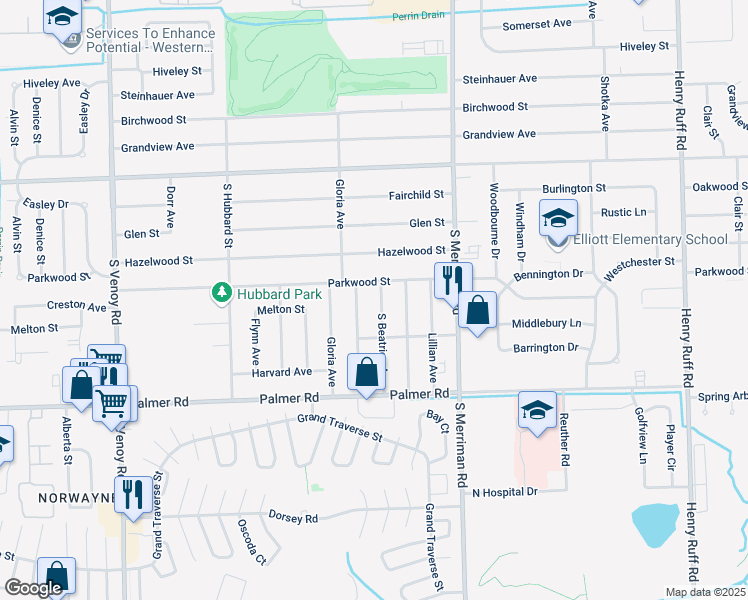 map of restaurants, bars, coffee shops, grocery stores, and more near 31750 Parkwood Street in Westland
