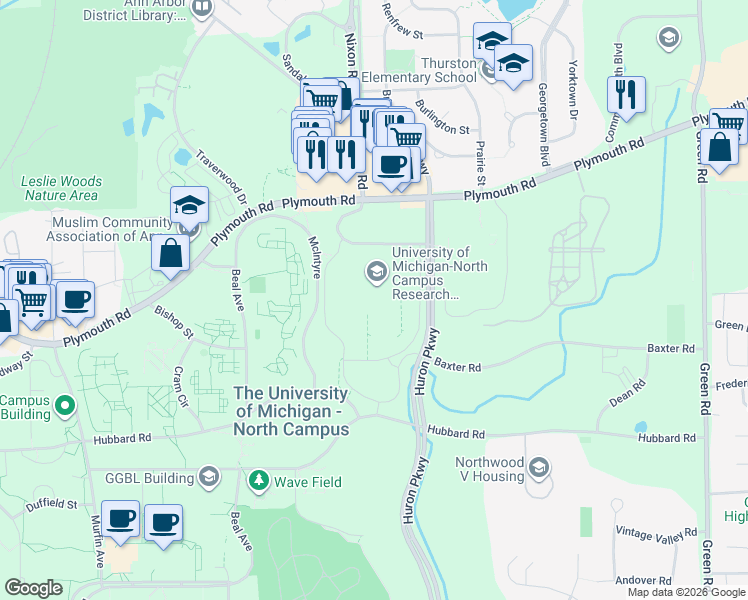 map of restaurants, bars, coffee shops, grocery stores, and more near in Ann Arbor