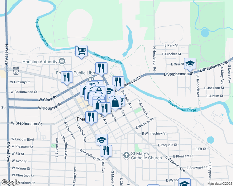 map of restaurants, bars, coffee shops, grocery stores, and more near 216 East Stephenson Street in Freeport