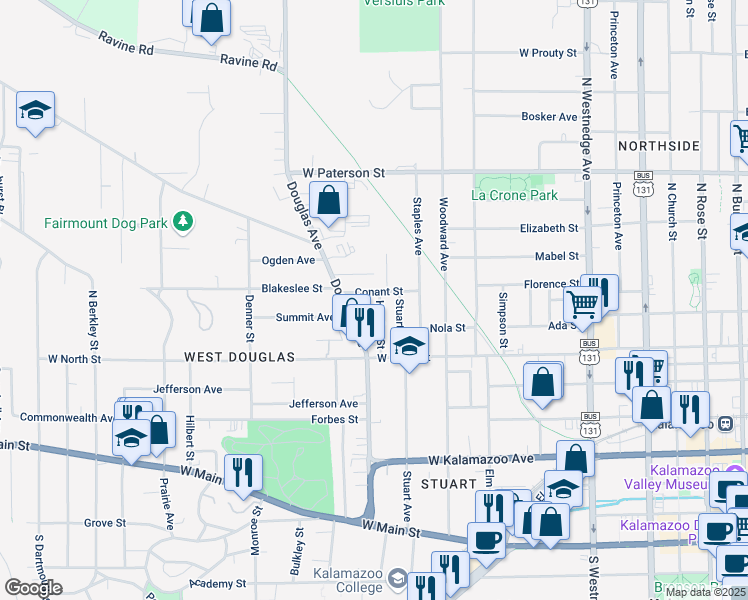 map of restaurants, bars, coffee shops, grocery stores, and more near 1105 Mason Street in Kalamazoo