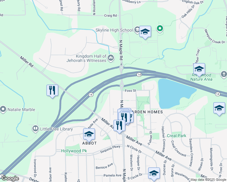 map of restaurants, bars, coffee shops, grocery stores, and more near 1848 Calvin Street in Ann Arbor