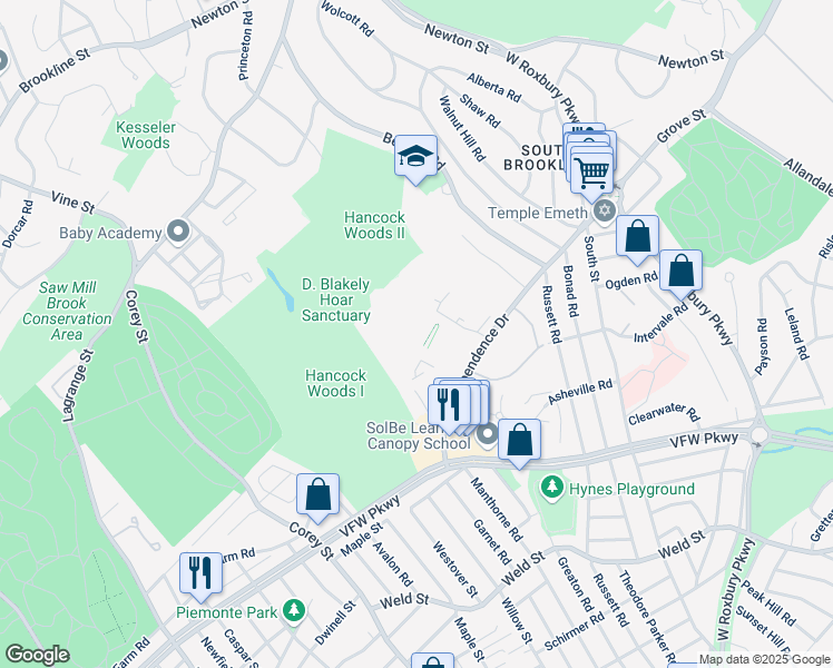 map of restaurants, bars, coffee shops, grocery stores, and more near 113 Sherman Road in Boston