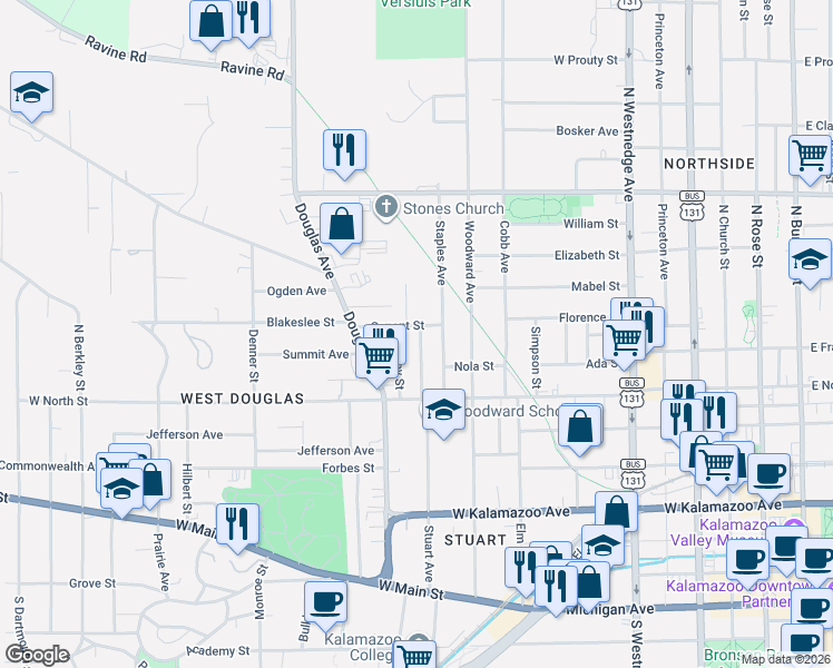 map of restaurants, bars, coffee shops, grocery stores, and more near 911 Staples Avenue in Kalamazoo