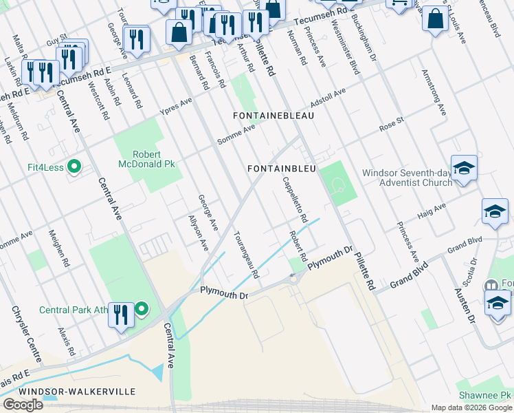 map of restaurants, bars, coffee shops, grocery stores, and more near 4263 Grand Marais Road East in Windsor