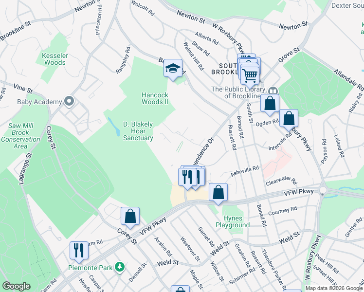 map of restaurants, bars, coffee shops, grocery stores, and more near 53 Gerry Road in Brookline