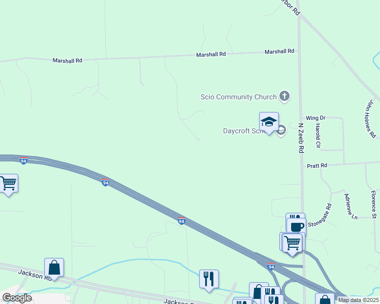 map of restaurants, bars, coffee shops, grocery stores, and more near 713 Merlin Way in Dexter