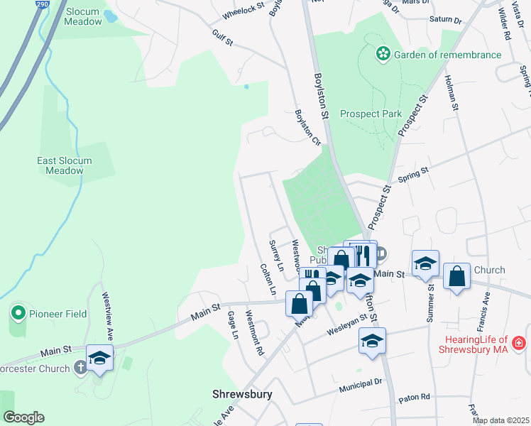 map of restaurants, bars, coffee shops, grocery stores, and more near 61 Westwood Road in Shrewsbury