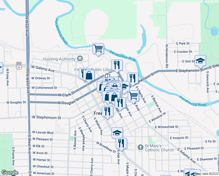 map of restaurants, bars, coffee shops, grocery stores, and more near 11-15 East Douglas Street in Freeport