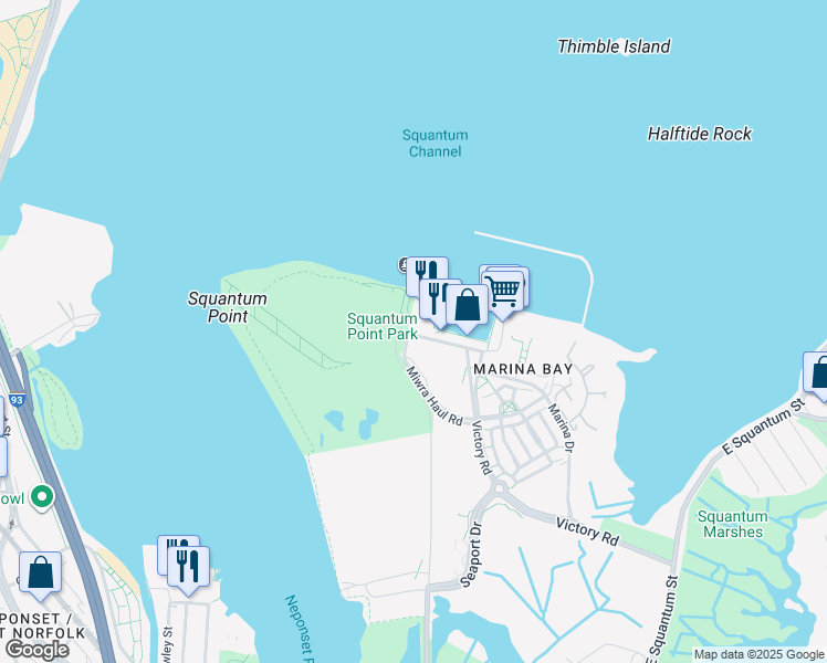 map of restaurants, bars, coffee shops, grocery stores, and more near 532 Victory Road in Quincy