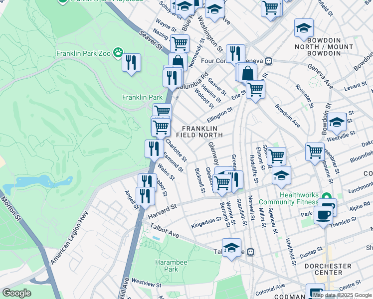 map of restaurants, bars, coffee shops, grocery stores, and more near 13 Fowler Street in Boston