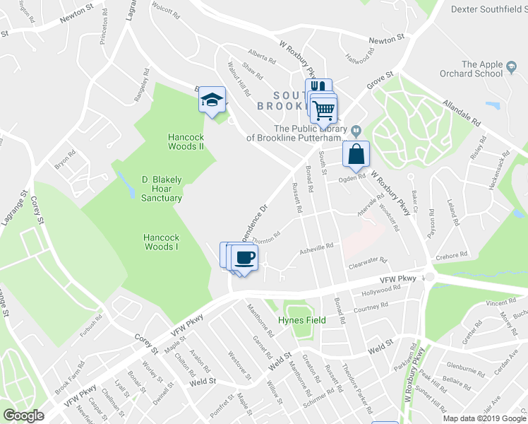 map of restaurants, bars, coffee shops, grocery stores, and more near in Brookline
