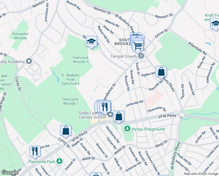 map of restaurants, bars, coffee shops, grocery stores, and more near in Brookline