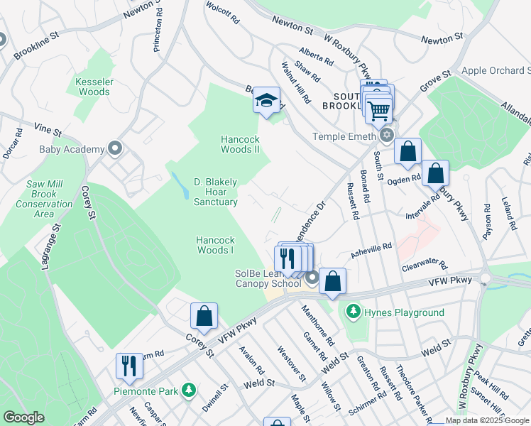 map of restaurants, bars, coffee shops, grocery stores, and more near 53 Gerry Road in Brookline