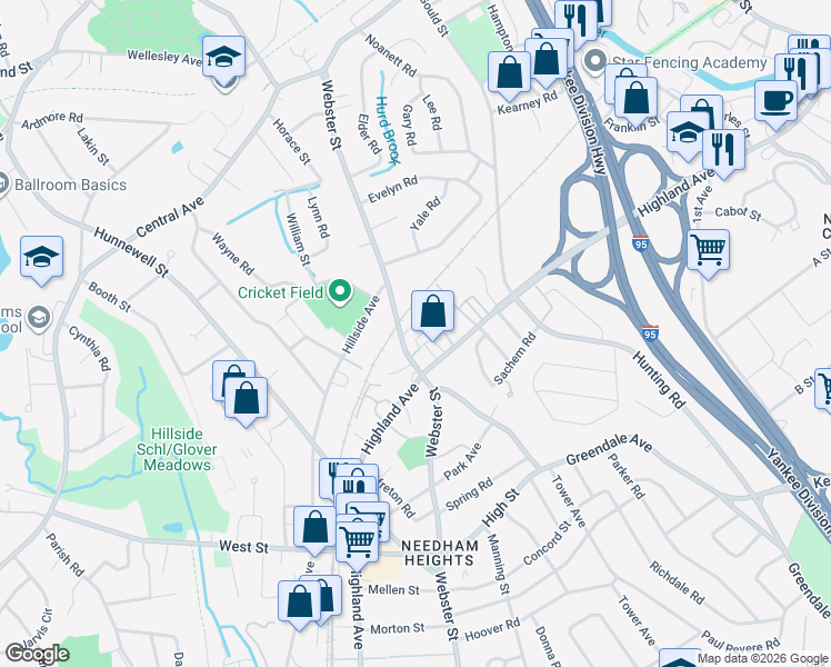 map of restaurants, bars, coffee shops, grocery stores, and more near 216 Webster Street in Needham