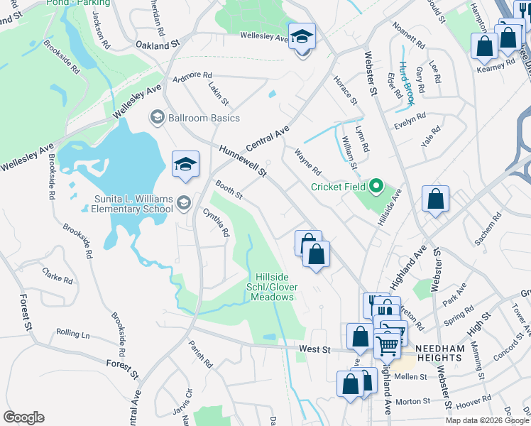 map of restaurants, bars, coffee shops, grocery stores, and more near 70 Booth Street in Needham
