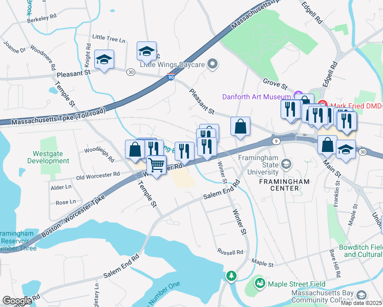 map of restaurants, bars, coffee shops, grocery stores, and more near 10 Tower Street in Framingham