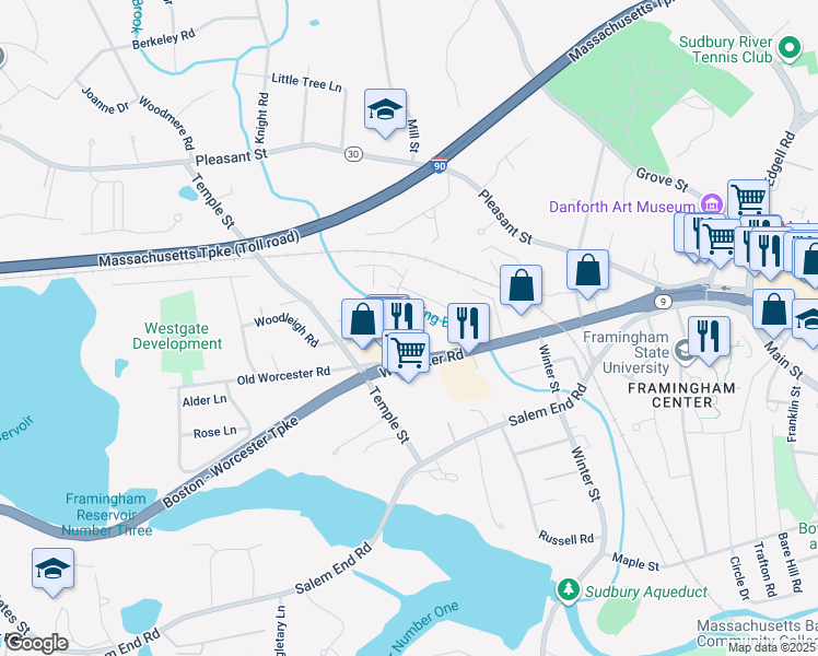 map of restaurants, bars, coffee shops, grocery stores, and more near 20 Ellis Street in Framingham