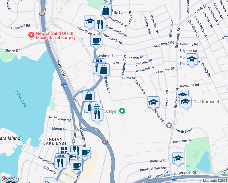 map of restaurants, bars, coffee shops, grocery stores, and more near 67 Barber Avenue in Worcester
