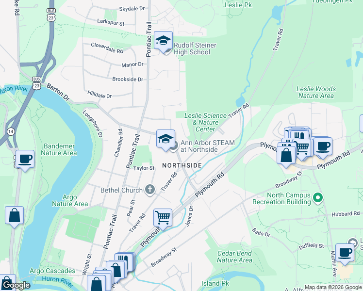 map of restaurants, bars, coffee shops, grocery stores, and more near 1730 David Court in Ann Arbor