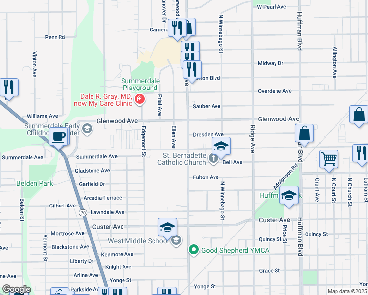 map of restaurants, bars, coffee shops, grocery stores, and more near 2524 North Rockton Avenue in Rockford