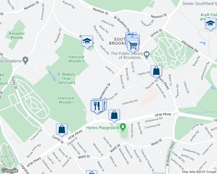 map of restaurants, bars, coffee shops, grocery stores, and more near 124 Independence Drive in Brookline