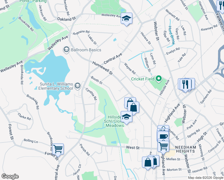 map of restaurants, bars, coffee shops, grocery stores, and more near 70 Booth Street in Needham