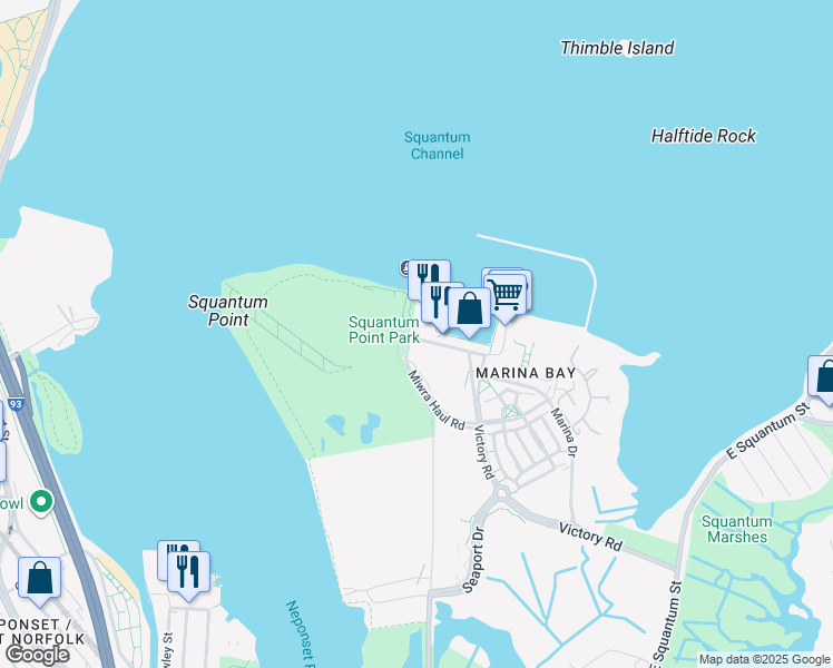 map of restaurants, bars, coffee shops, grocery stores, and more near 532 Victory Road in Quincy