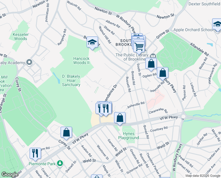 map of restaurants, bars, coffee shops, grocery stores, and more near in Brookline
