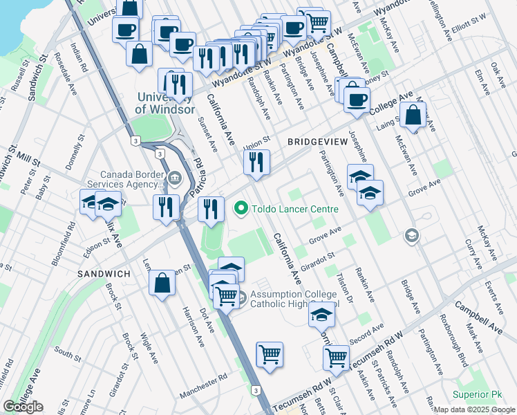 map of restaurants, bars, coffee shops, grocery stores, and more near 951 California Avenue in Windsor