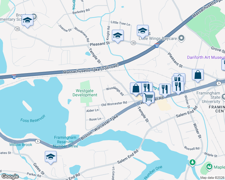 map of restaurants, bars, coffee shops, grocery stores, and more near 15 Woodleigh Road in Framingham