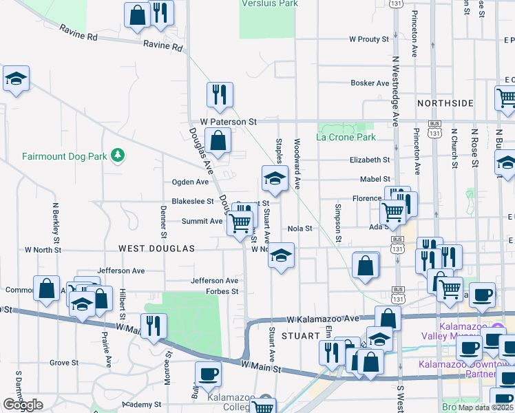 map of restaurants, bars, coffee shops, grocery stores, and more near 1105 Mason Street in Kalamazoo