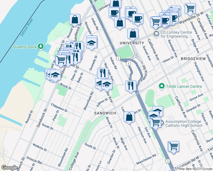 map of restaurants, bars, coffee shops, grocery stores, and more near 712 Felix Avenue in Windsor