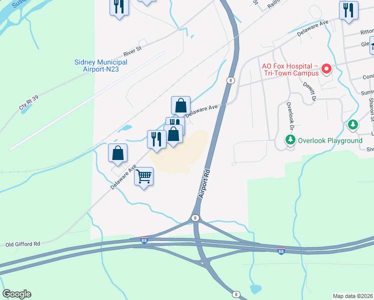 map of restaurants, bars, coffee shops, grocery stores, and more near 141 Delaware Ave in Sidney
