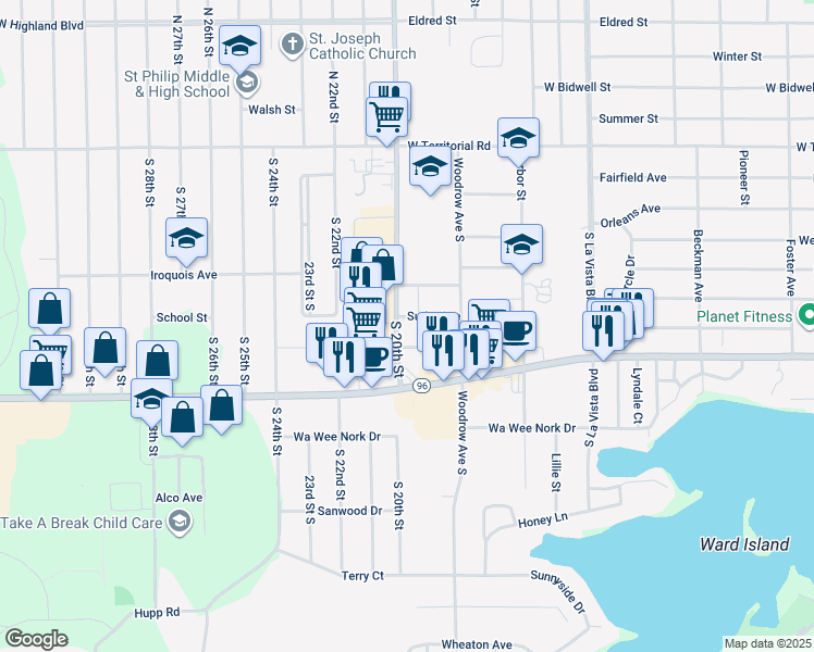 map of restaurants, bars, coffee shops, grocery stores, and more near 65 South 20th Street in Battle Creek