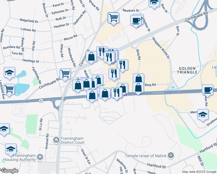 map of restaurants, bars, coffee shops, grocery stores, and more near 10 Greenview Street in Framingham