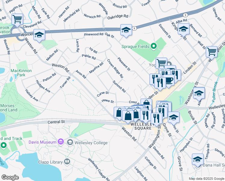 map of restaurants, bars, coffee shops, grocery stores, and more near 61 Curve Street in Wellesley