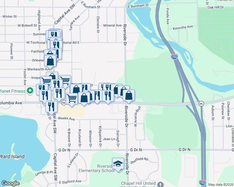 map of restaurants, bars, coffee shops, grocery stores, and more near 67 Foster Drive in Battle Creek