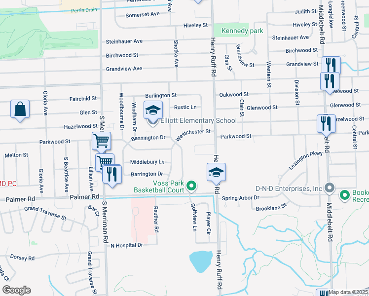 map of restaurants, bars, coffee shops, grocery stores, and more near 1487 Berkshire Street in Westland