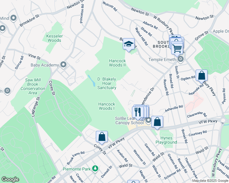map of restaurants, bars, coffee shops, grocery stores, and more near 180 Sherman Road in Boston