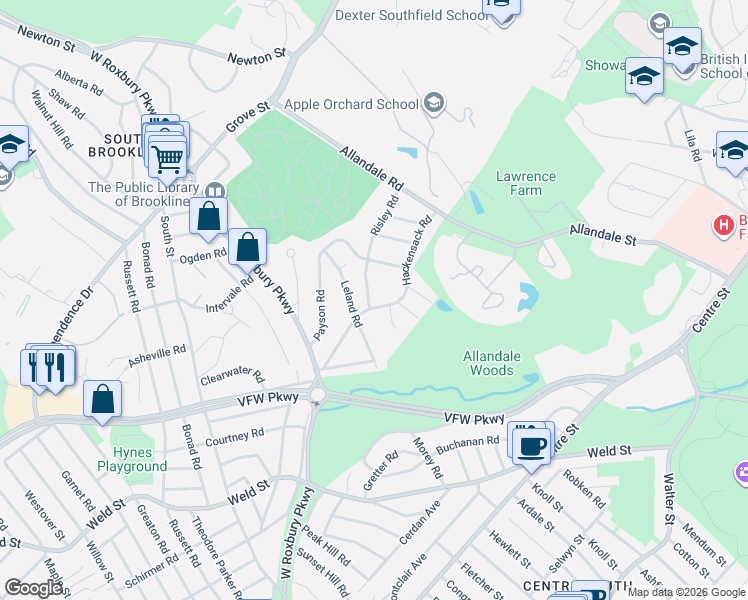 map of restaurants, bars, coffee shops, grocery stores, and more near 101 Hackensack Road in Boston