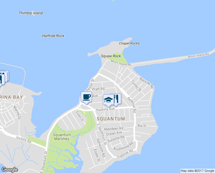 map of restaurants, bars, coffee shops, grocery stores, and more near 2 Mayflower Road in Quincy