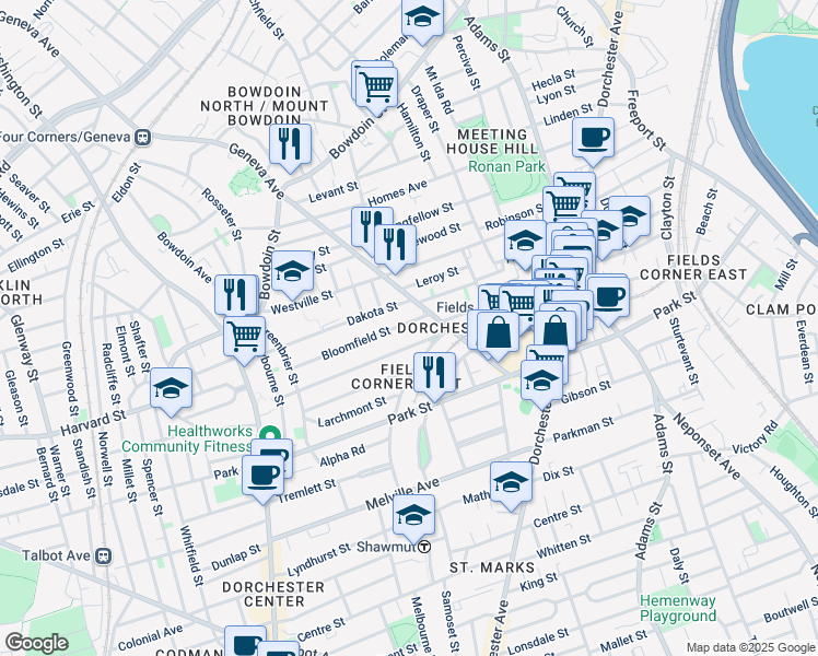 map of restaurants, bars, coffee shops, grocery stores, and more near 129-131 Dakota Street in Boston