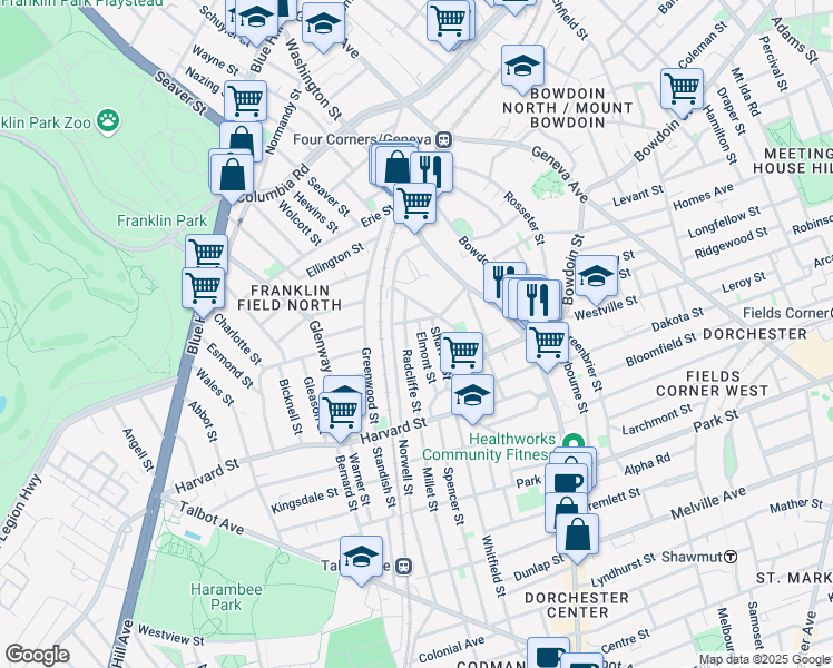 map of restaurants, bars, coffee shops, grocery stores, and more near 25 Vassar Street in Boston