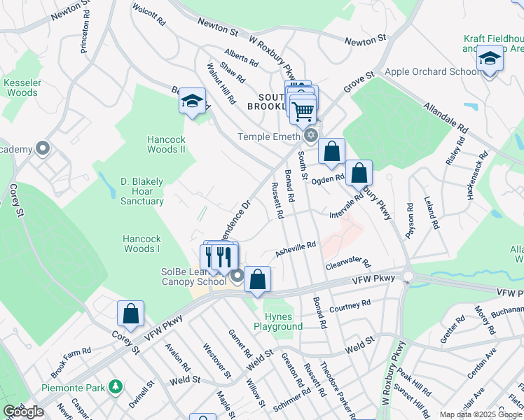 map of restaurants, bars, coffee shops, grocery stores, and more near 358 Russett Road in Brookline