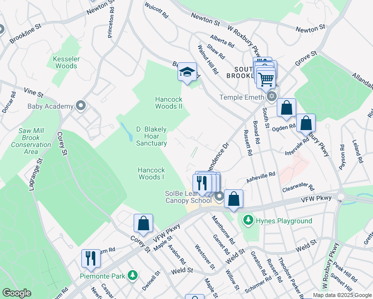 map of restaurants, bars, coffee shops, grocery stores, and more near 53 Gerry Road in Brookline