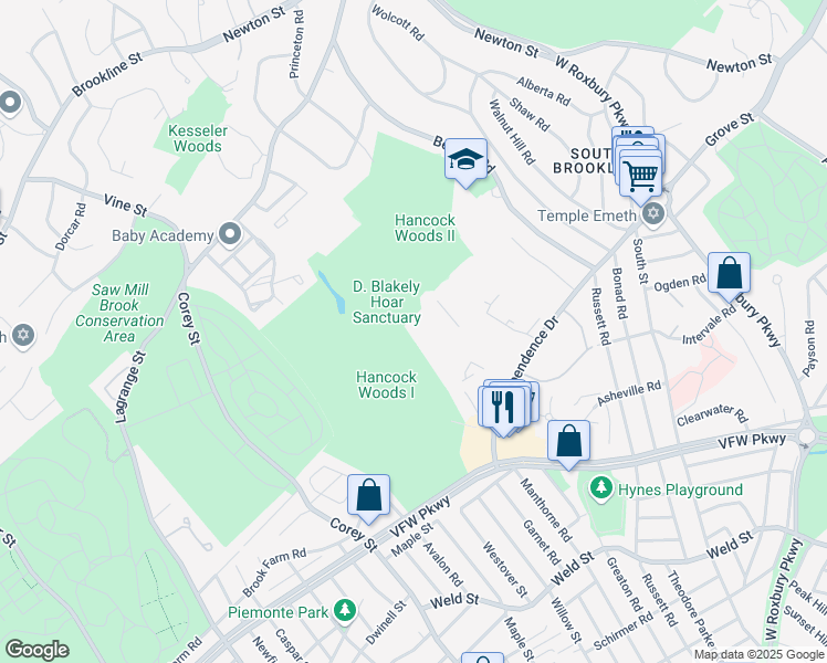 map of restaurants, bars, coffee shops, grocery stores, and more near 180 Sherman Road in Boston