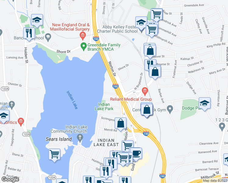 map of restaurants, bars, coffee shops, grocery stores, and more near 8 Mattson Avenue in Worcester
