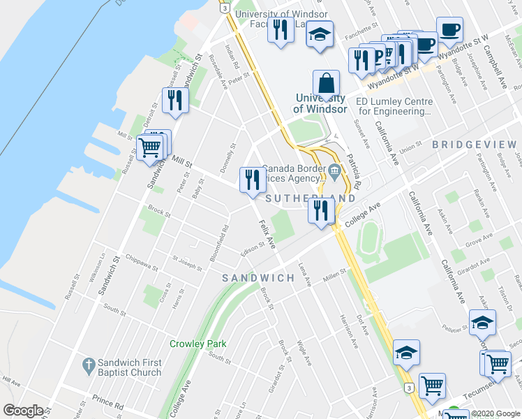 map of restaurants, bars, coffee shops, grocery stores, and more near 712 Mill Street in Windsor